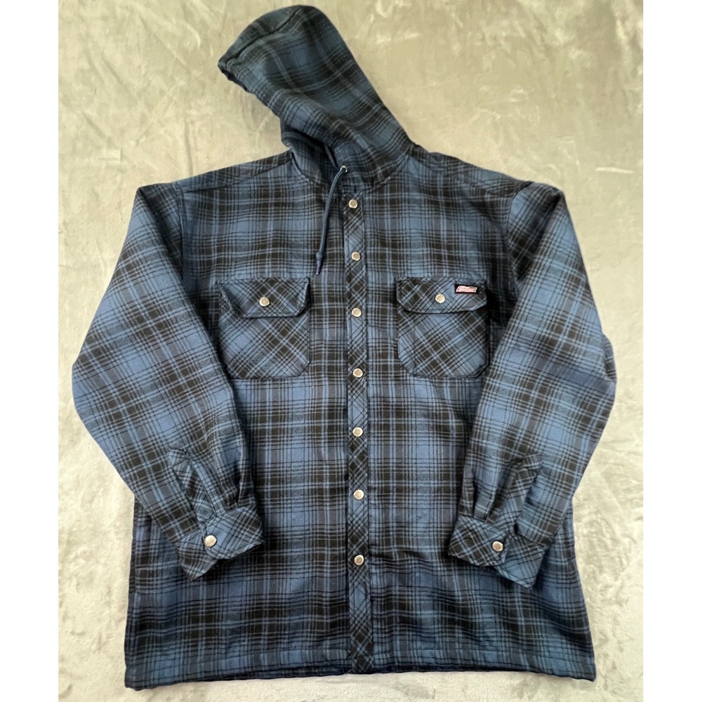 Genuine Dickies Hooded Flannel Jacket Mens 2XL Blue Plaid Fleece Lined
